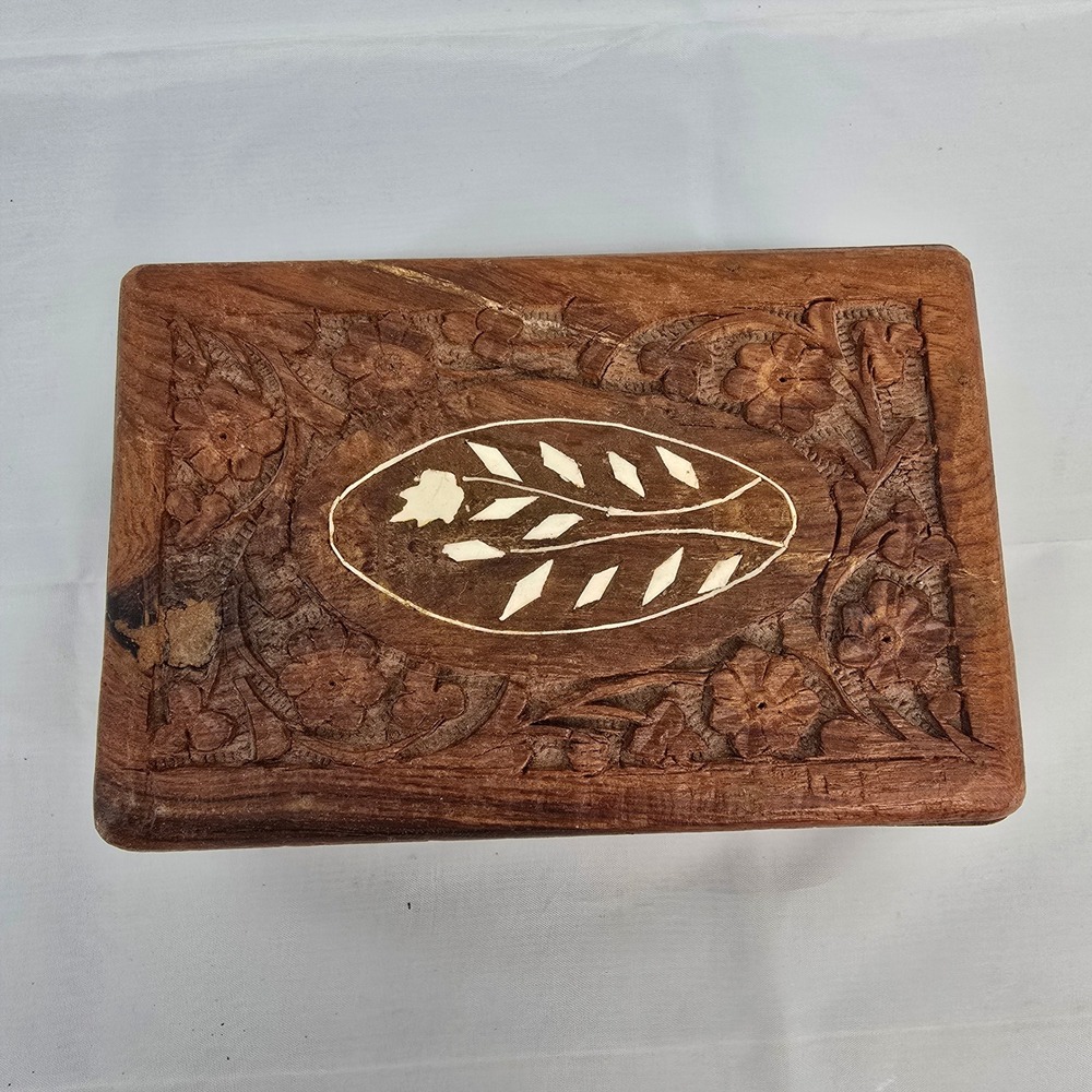 Vintage Hand Carved Wooden Jewelry Box Floral Inlay Purple Velvet Lining India